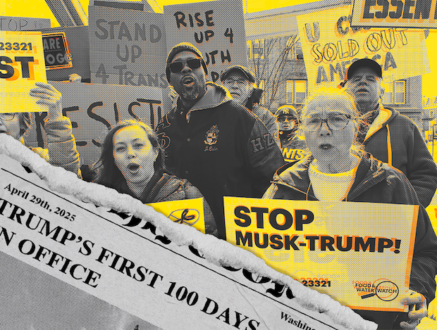 A slip of newspaper says "Trump's First 100 Days in Office." Behind it, people at a rally hold signs that say"Top Musk-Trump."